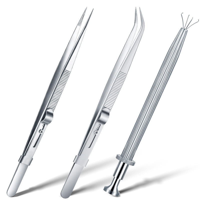 Honoson 3 Pack Diamond Tweezers Gem Stone Jewelry Locking Tweezers Stainless Steel Diamond Claw Holder Beads Ball Grabber Jewelers Pick up Tool Tongs for Jewelry Making(Claw and Tweezers) Claw and Tweezers