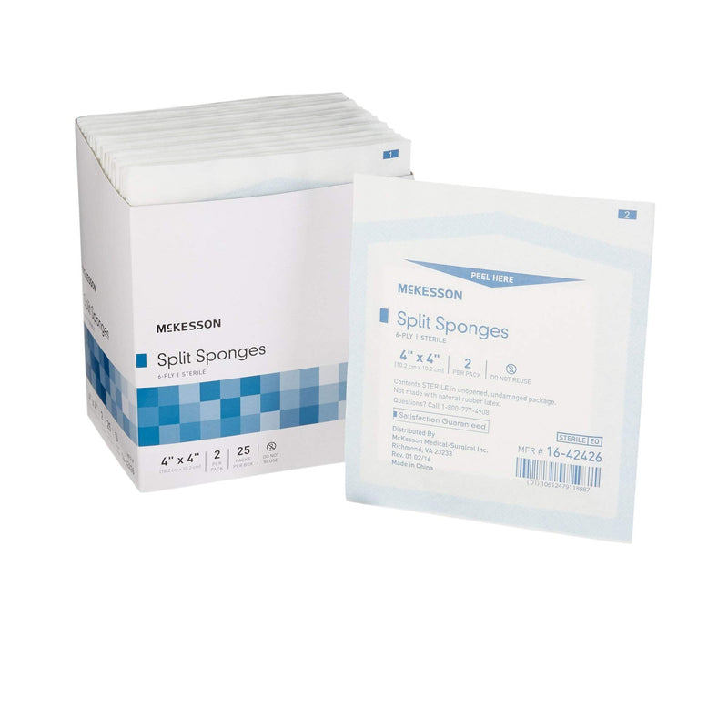 McKesson Split Sponges, 6-Ply Sterile, I.V. and Tracheostomy Dressings, Polyester/Rayon Blend, 4 in x 4 in, 2 Boxes, 25 Packs per Box, 2 per Pack, 100 Total