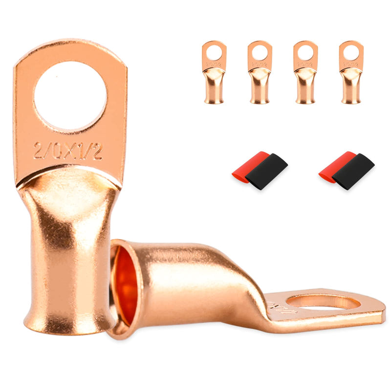 4 PCS Battery Terminal Connectors, Battery Cable Ends Lugs, 2/0 Gauge Wire Connectors, 2/0 AWG 1/2" Stud Ring Terminals, Copper Wire Lugs with Heat Shrink Tubing. 2/0AWG*1/2"(M12) 4PCS