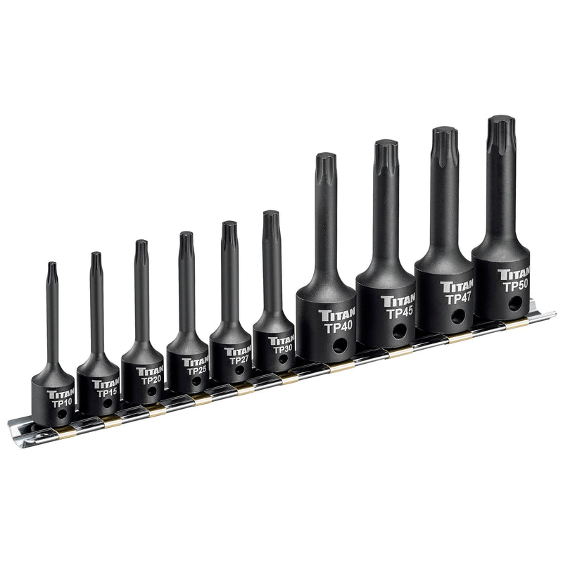 Titan 49008 10-Piece Impact Torx Plus Bit Socket Set, Sizes TP10 thru TP50, S2 and 6150 Alloy Steel, Extra-long Design for Greater Reach and Access, Metal Storage Rail