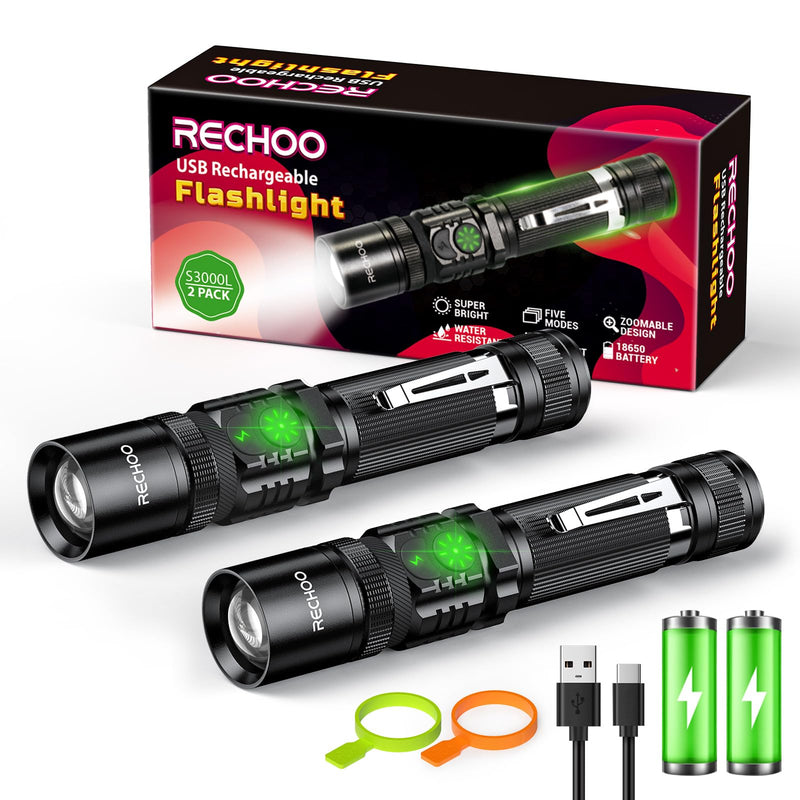 RECHOO Flashlights USB Rechargeable 2 Pack Double Switch S3000L LED Tactical Flashlight High Lumens Super Bright 5 Modes Zoomable Waterproof Flashlight for Camping, Emergency