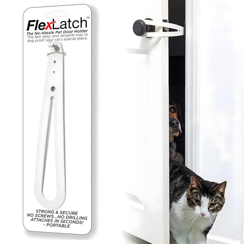 FlexLatch Cat Door Holder Latch - Bright White Cat Door Alternative Installs Fast Flex Latch Strap Let's Cats in and Keeps Dogs Out of Litter & Food. Safe Baby Proof One Piece No Measuring Extra Easy Standard