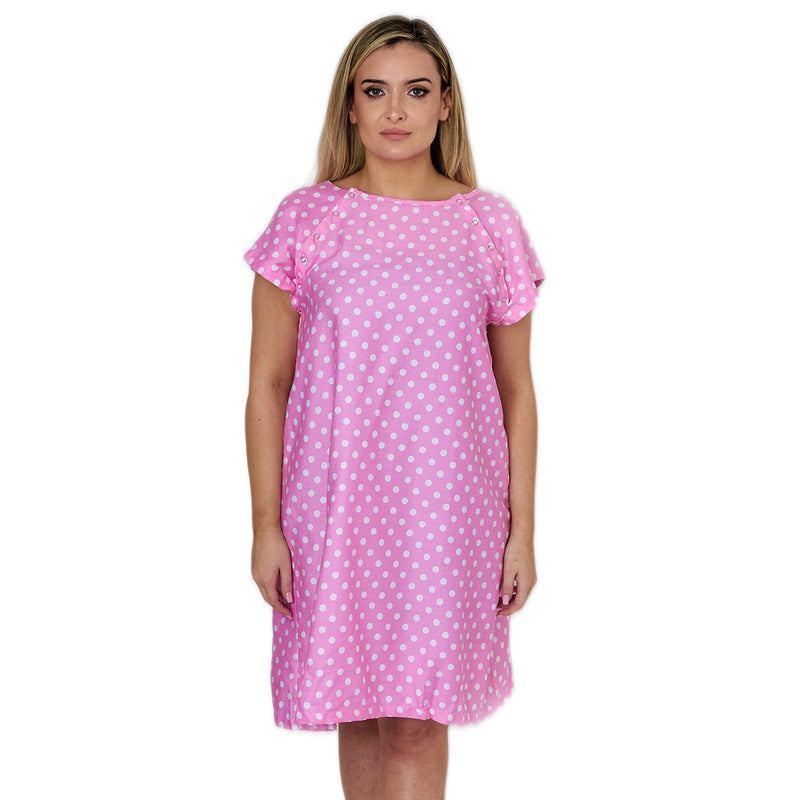 Hospital Gown for Women Labor & Delivery, 100% Cotton Easy Snap Back Closure, Shoulder Snap Polkadot Patient Gown Small-Medium Pink