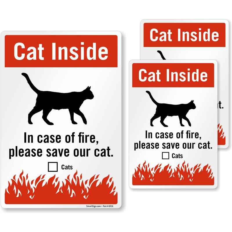 SmartSign (Pack of 3) “Cat Inside - in Case of Fire Please Save Our Cat” Pet Rescue Label Set, One 3.75“x5.5“ & Two 2.75“x4“ - Engineer Grade Reflective Decals, Red, Black and White, Made in USA 3 Pack 3.75" X 5.5" and 2.75" X 4" Label Set