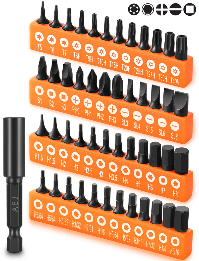 AEJ 49-Pack Screwdriver Bit Set, Hex Head Drill Bit Set, Torx Square Slotted Phillips Bit Set with 1/4" Bit Holder, 1/4 Hex Shank, S2 Steel, 1"Long 49PCS Torx/Hex/Slotted/Phillips/Square/Extension Bit Holder