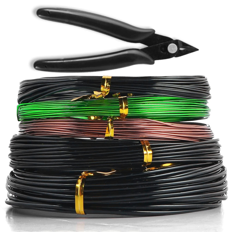 Sanlykate Bonsai Wire Tool Kit with Cutter, 5 Roll Tree Training Wires 164 Feet Total, 1.0mm, 1.5mm, 2.0mm Anodized Aluminum Wire Set, Hold Plant Branches Trunks (Black, Green, Brown) 1.0mm 1.5mm 2.0mm 5 Rolls Mixed 164 Ft, WITH Cutter