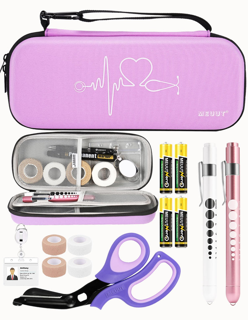 MEUUT 15 pcs Stethoscope Case Kit, Perfect Nurse Gift Include Stethoscope Case, Medical Scissors, Penlights with Batteries, Bandage Wraps, Badge Holders for Nurse Accessories for Work Light purple