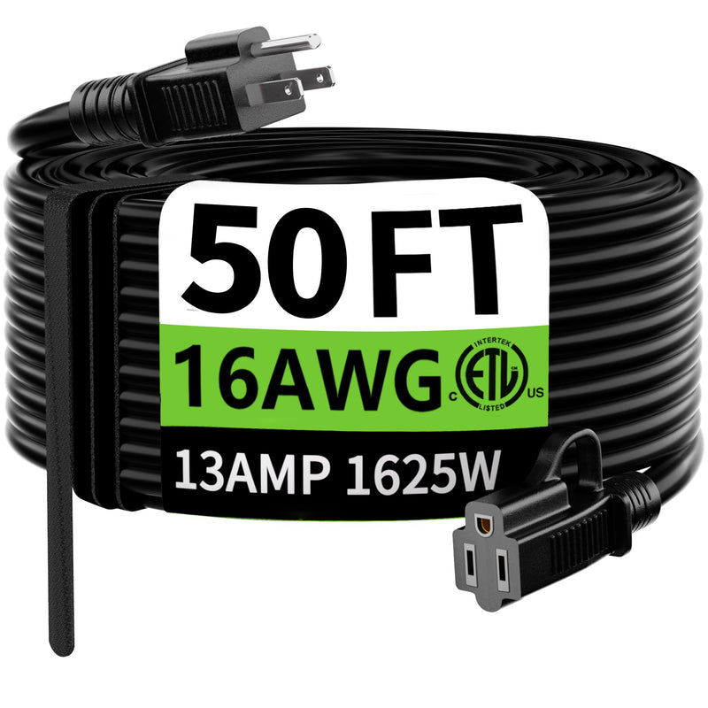 HUANCHAIN Indoor Outdoor Black Extension Cord 50 ft Waterproof, 16/3 Gauge Flexible Cold-Resistant Appliance Extension Cord Outside, 13A 1625W 16AWG SJTW, 3 Prong Heavy Duty Electric Cord, ETL