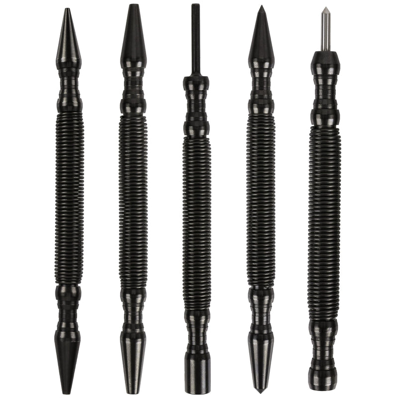 HIT Tool Hammerless Spring Punch Pro Pack: 1)1/32"&1/16",1-3/32" &1/8" Dual head nail setter, 1)Dual head prick & centre 1)HSS prick, 1)Dual Head Door hinge pin remover/hammer & Pouch Pro Spring Punch Kit