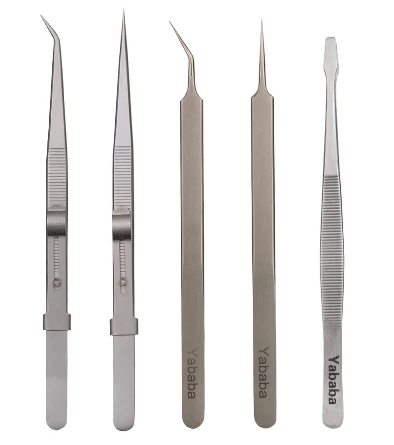Tweezers, 5 Pcs Precision Tweezers Set, Anti-Static Stainless Steel Long Tweezers Kit for Electronics, Laboratory Work, Jewelry-Making, Craft, Soldering, Hobby, Watches, Car Machines Repair Etc Silver Grey