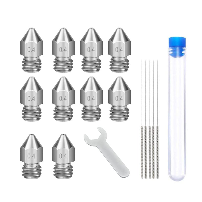 3D Printer Stainless Steel Extruder Nozzles Set, 10PCS Stainless Steel 0.4MM MK8 Nozzles, 5PCS 0.4MM Nozzles Cleaning Needles with Wrench for Makerbot Creality CR-10/Ender 3/3 V2/3 S1/5 Prusa i3