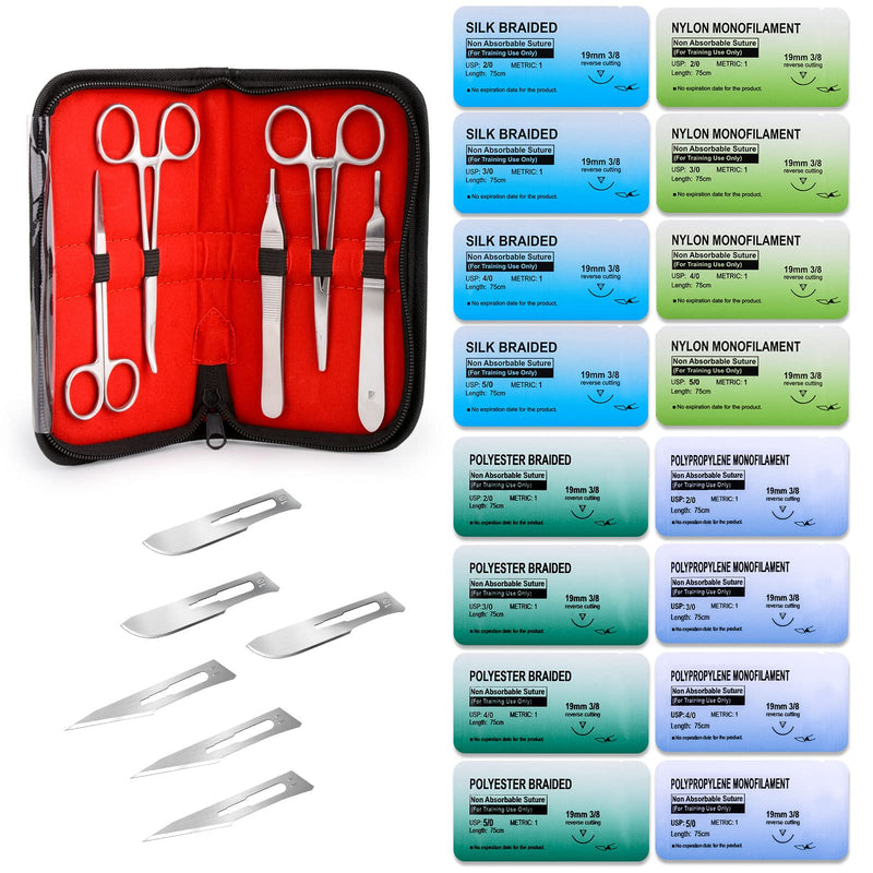 Sterile Suture Thread with Needle and Suture Tools Kit (28 Pieces) for Medical Student Surgical Suture Practice, First Aid Emergency Practice, Camping Hiking Preparedness Training Kit, Military Trauma Practice