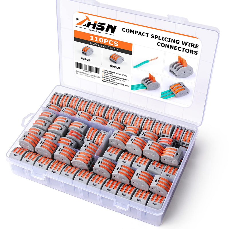 Zhushan 110 PCS Lever Wire Connectors Nuts Kit - Electrical Connectors, 28-12 AWG, Compact Splicing Wire Connectors, Quick Disconnect, 2/3 Conductors Combination