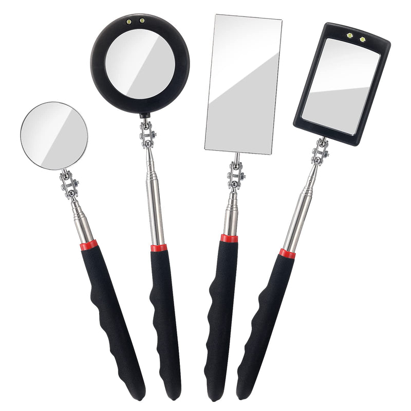 4PCS Telescoping Inspection Mirror LED Lighted Inspection Mirror for Mechanic Checking Vehicle, Car, Eyelashes, Mouth, Small Parts Observation (Extendable, Rectangle & Round)