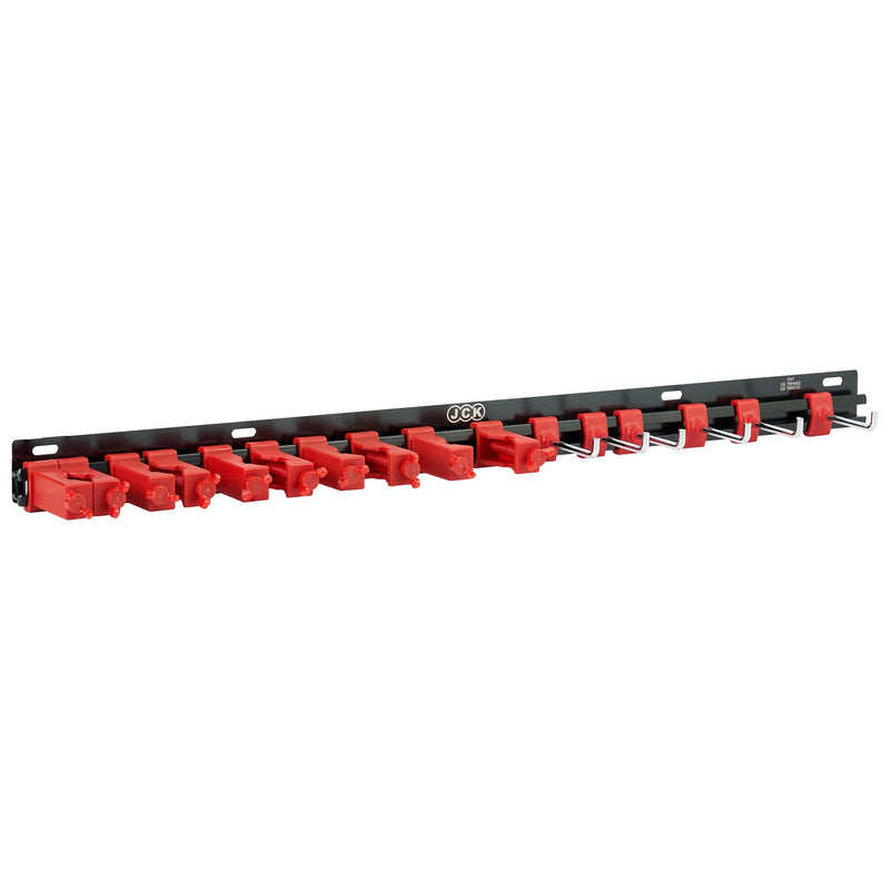 JCK Garage Tool Organizer Wall Mount, 5 Pair Clips and 6 Hooks | Aluminum wall rail with 5 PA66 clip pairs and 6 stainless steel hooks for garden tools, wrenches, garages, and workshops. Multi-Purpose Tool Organizer