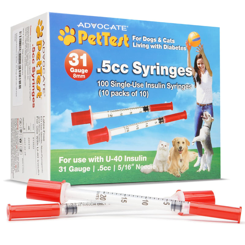 PetTest U-40 Pet Insulin Syringes With Needles - Comfortable Thin 31 Gauge Needles - For Cats & Dogs - Pets Diabetic Supplies - 100 Pack - Thinnest 31G, 5/16 inch long needle, 1/2cc (0.5cc) Volume 31 Gauge, 0.5 cc