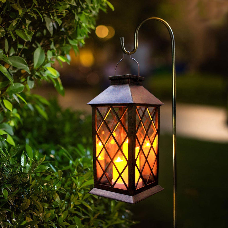 Solar Outdoor Lantern, Garden Hanging Waterproof Lanterns PVC Upgrade 3 LED Flickering Flameless Candle Decorative for Garden Women Mom Grandma Halloween Gifts (Grid Candle) grid candle