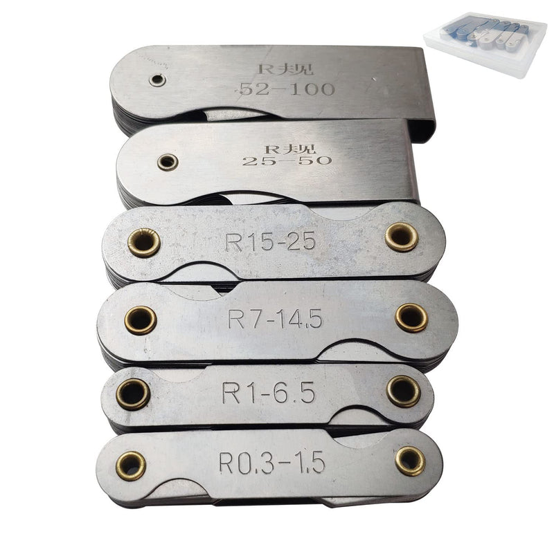 6 Pack R0.3-1.5/ R1-6.5/ R7-14.5/ R15-25/ R25-50/ R52-100 Radius Gauge Set, Stainless Steel Radius Fillet Gage Portable Concave Convex Measuring Tool for Tool and Die Makers Check R0.3-100