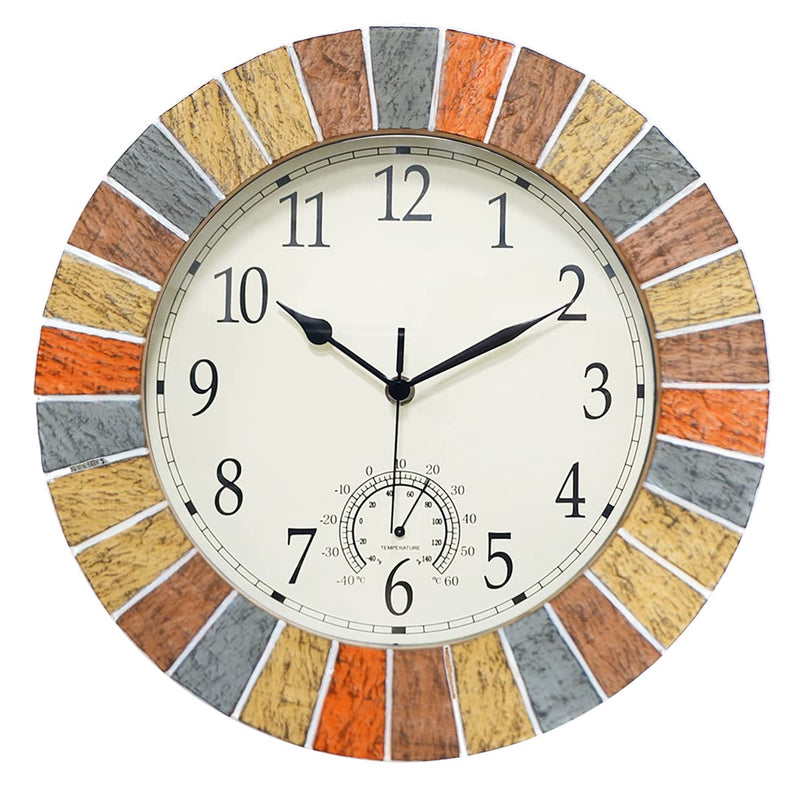UMEXUS Indoor Outdoor Clock and Thermometer, 13 Inch Large Waterproof Weatherproof Wall Clocks, Retro Silent Non-Ticking Battery Operated Decor for Garden Kitchen Bathroom Sandstone Yellow