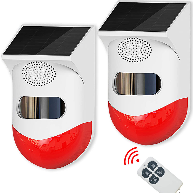 ChunHee Solar Motion Senor Alarm Outdoor Motion Detector Alarm 2 Adjustable Sensitivity 129db Lond Sound Security Siren Light IP67 Waterproof for Garden,Home,Farm,Barn,Yard 2 Light+1 Remote Control