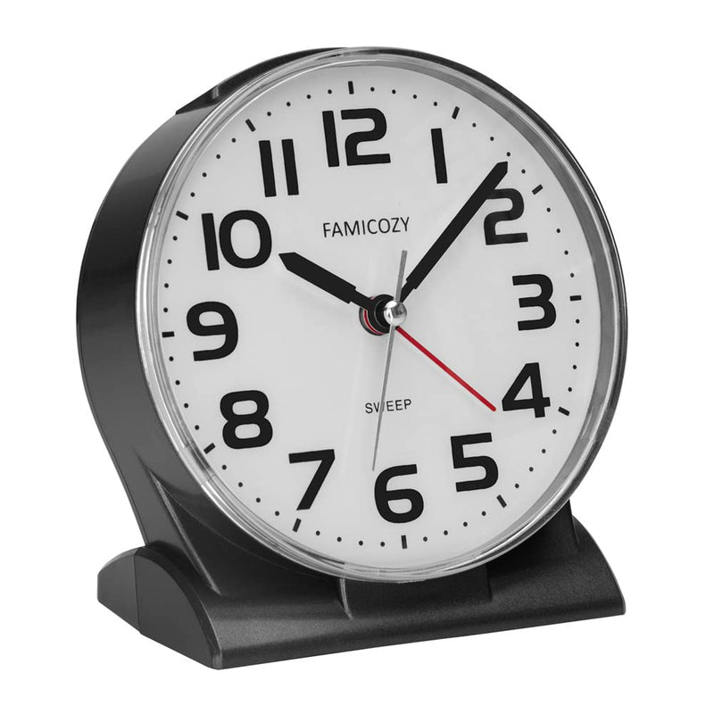 FAMICOZY 4.5" No Ticking Analog Alarm Clock,Silent Readable for Seniors,Easy to Set,Gradual Rise Alarm,Big Numbers,On/Off Switch on Side,Gentle Wake,Snooze Soft Backlight,Battery Operated,Black Black