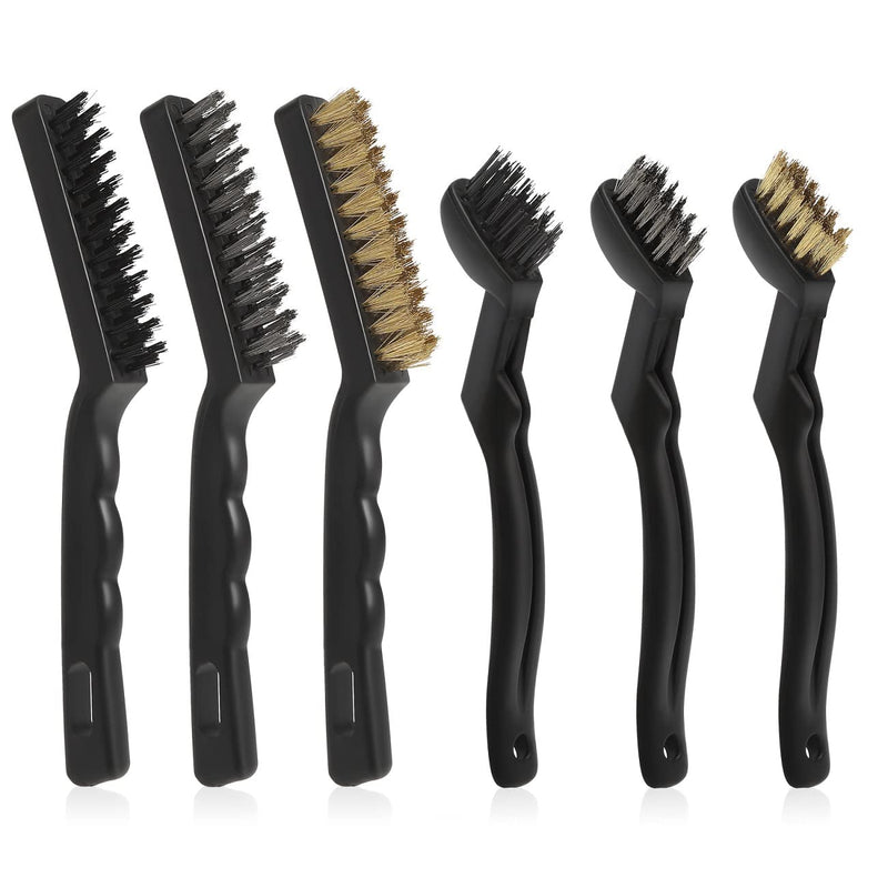 Wire Brushes Pack of 6. for Cleaning Welding Slag, Rust and Dust. 9" and 6-3/4" Brass, Nylon, Stainless Steel Brushes with Rigid Handle WB-6-1