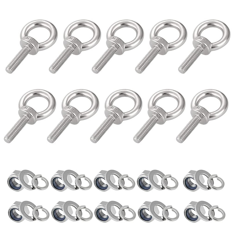 Eye Bolts with Nuts, M8 10Pcs EyeBolts Stainless Steel Machinery Shoulder Lifting Ring Eye Bolt Heavy Duty Screws Bolt with Lock Nuts & Lock Washers, Flat Washers - Thread Length 30mm M8, 10 Pack