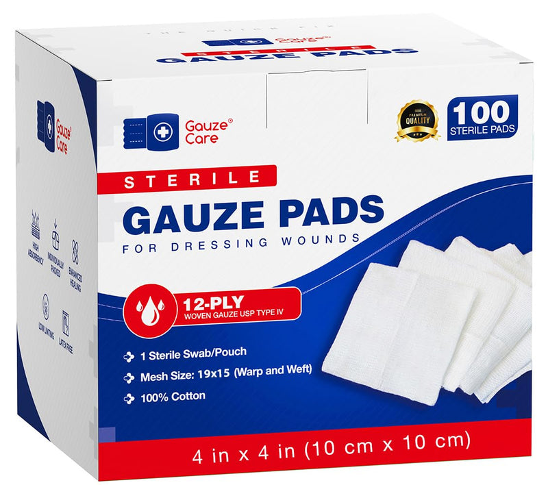 100pc Large Sterile Gauze Pads 4x4 Sterile for Wounds Bulk - 12ply Woven Gauze Sponges 4x4 Sterile - USP IV Breathable Mesh 4x4 Gauze Pads Sterile for Enhanced Absorption - First Aid Medical Woven Gauze Pads 100% Cotton Woven 4"x4" 100 Count