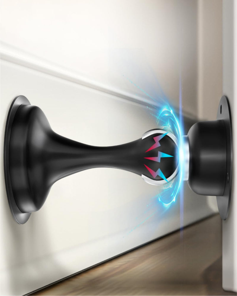 Door Stoppers Magnetic Door Catch - 2 Pack Stainless Steel Heavy Duty Door Holder Stops for Bottom Top of Door - Wall Floor Mounting No Drill 3D Adhesive & Screws Strong Magnet Keep Door Open 2 Pack-Black
