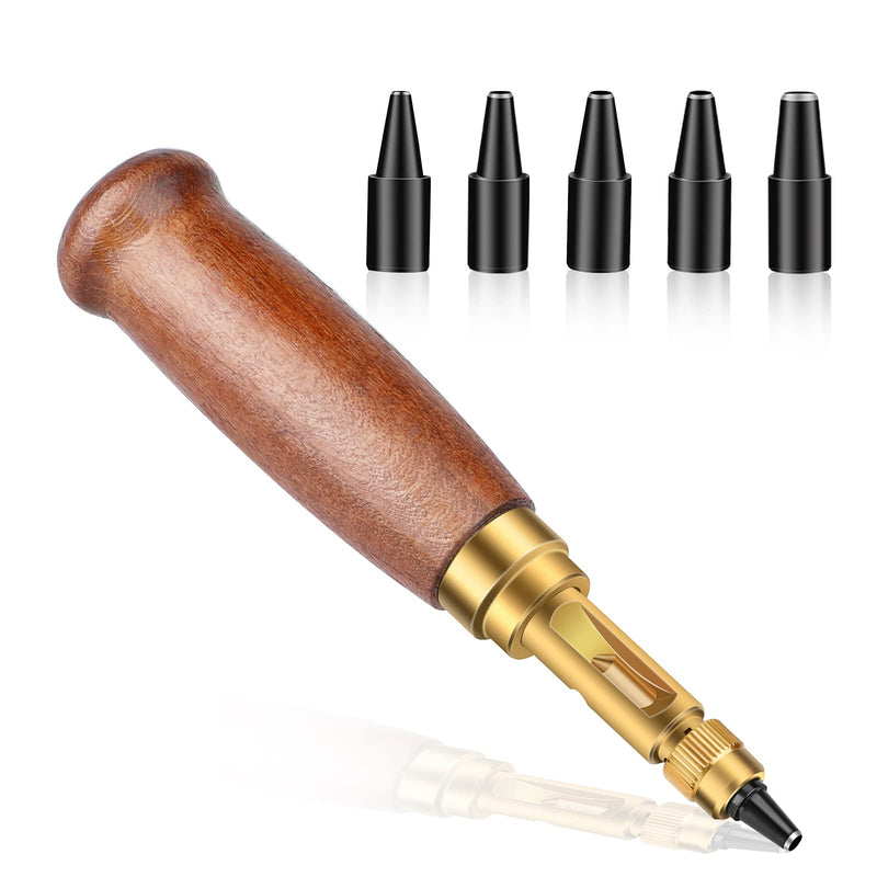 Adjustable Leather Hole Punching Tool Automatic Puncher with Wooden Handle Hollow Hole Punch with 6 Tips Size (1.5mm/2mm/2.5mm/3mm/3.5mm/4mm) for Leather Belt, Bag, Wristband Red brown