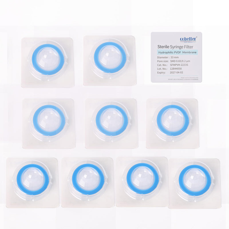 10 pcs/PK Sterile Syringe Filter Double-Layer Hydrophilic PVDF Membrane 0.2μm Lab Filters 33mm Diameter Individually Packed, Blue 33mm, 0.2μm 10pcs