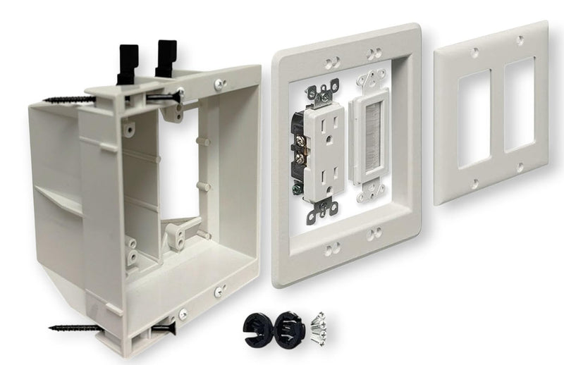 iMBAPrice IMBA-TVBU505K Recessed TV Outlet Box, 2-Gang Power & Low Voltage Cable Management with Receptacle & Brush Plate for Flush Wall-Mounted TVs, White