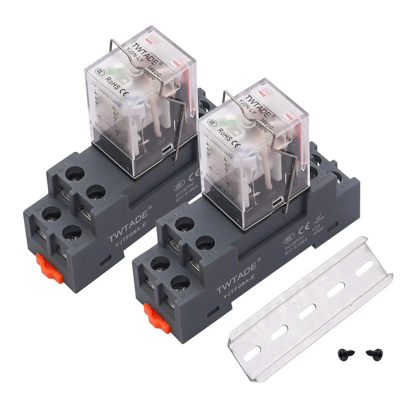 TWTADE/2PCS DC 24V Relay 10A Electromagnetic Power Coil Relay 8 Pins DPDT 2NO 2NC with Indicator Light, Socket Base & DIN Rail -YJ2N-LY 8 PIN-10A-2PCS