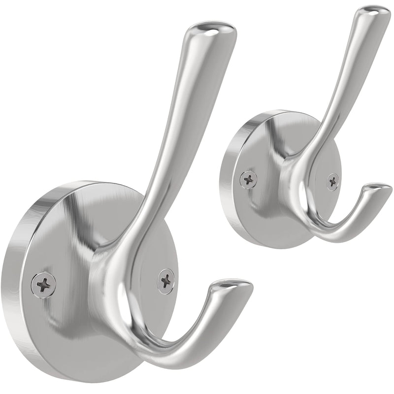 Brushed Nickel Wall Hooks Towel Hooks, 2 Pack Coat Robe Hook Heavy Duty Bathroom Double Hook Wall Mounted, Hand Towel Hooks for Closet Entryway Cubicle Kitchen Silver