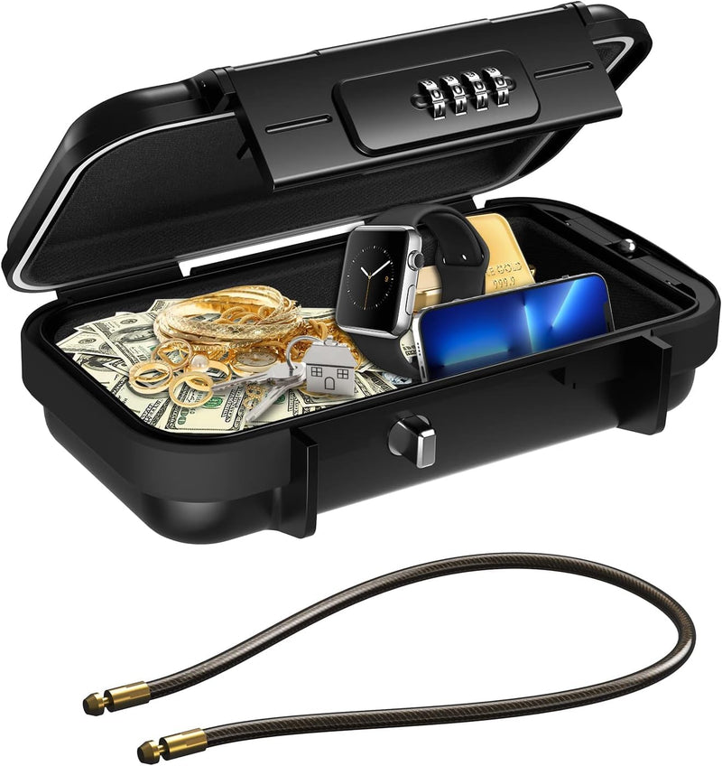AMIR Portable Safe Box for Travel, Combination Security Case LockBox with Code, Waterproof Anti-Theft Mini Travel Safe Box with Removable Chain, Portable Lock Box for Car Hotel Personal Items Safe Black