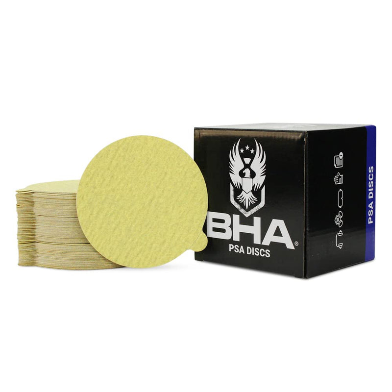 BHA 5" Inch Gold Peel and Stick Adhesive Backed PSA Sanding Discs with Tabs - 100 Pack (220 Grit) 220 Grit