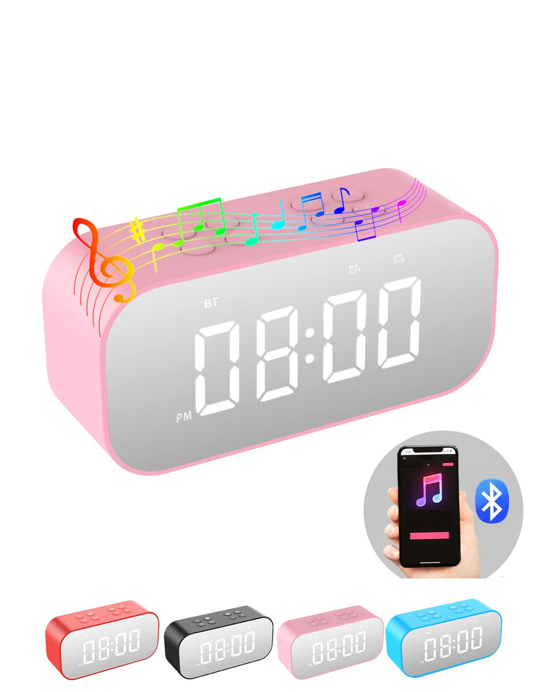 AFK Alarm Clock with Bluetooth Speaker for Bedroom,Small Digital Clock with Dual Alarms,Snooze,Mirror LED Display for Girls,Adults. Pink