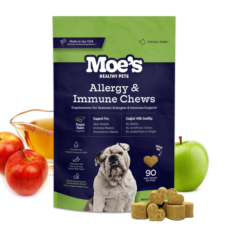 Moe’s Allergy and Immune Support for Dogs- Supports Anti-Itch, Seasonal Allergies- Omega 3 Wild Alaskan Salmon Fish Oil- Dog Allergy Treatment, Skin Health- Made in USA- 90 Chews (Peanut Butter) Peanut Butter - PawsPlanet Australia