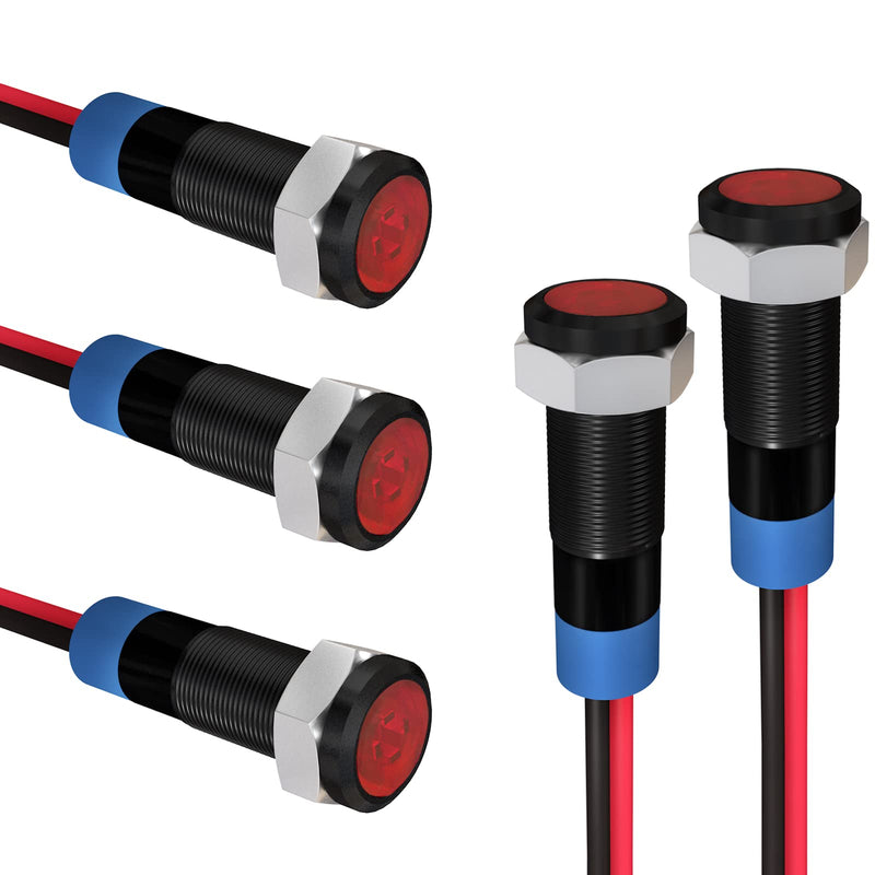 APIELE Indicator Light 6mm 1/4" Waterproof IP65 Metal Signal Lamp 12V-24V AC/DC LED Pilot Dash Lamp Aluminum Red 5 PCS with 150mm Wire for Car Truck Boat (Red) Black Shell-Red