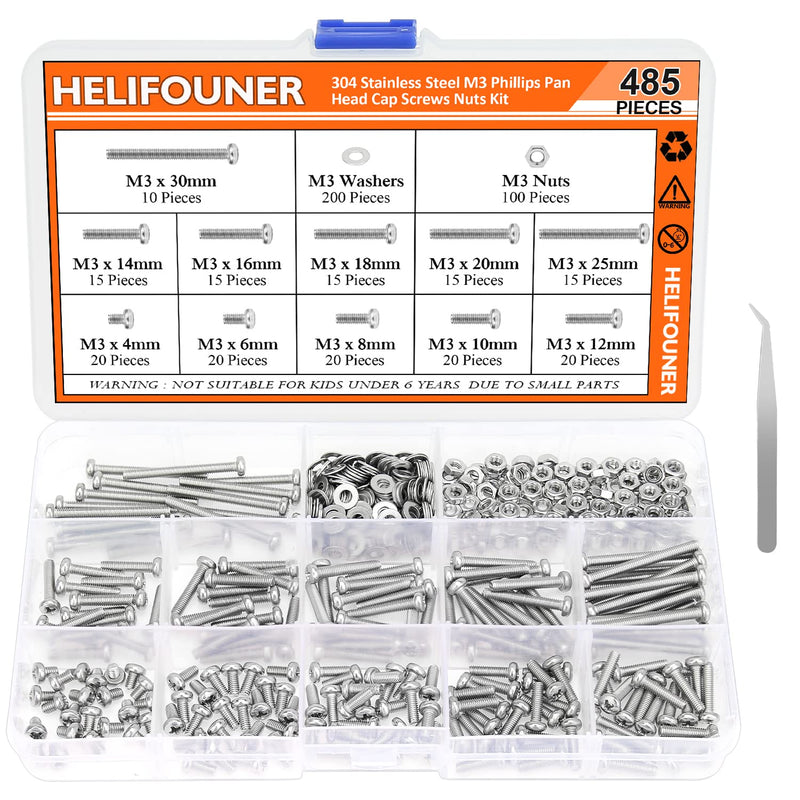 485 Pieces M3 x 4mm /6mm /8mm /10mm /12mm /14mm /16mm /18mm /20mm /25mm / 30mm, Phillips Pan Head Machine Screws, Metric Screws Bolts Washers Nuts Kit, 304 Stainless Steel 485 Pieces M3 Screw Kit
