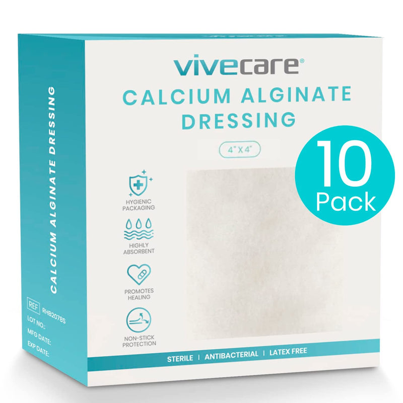 ViveCare Calcium Alginate Wound Dressing 4" x 4" (10 Pack)- Individually Wrapped, Sterile Gauze Pads - Absorbent Sterile Patches for Ulcer, Bed Sore, G Tube, & Diabetic Foot - Non-Stick Burn Treatment 4" x 4"