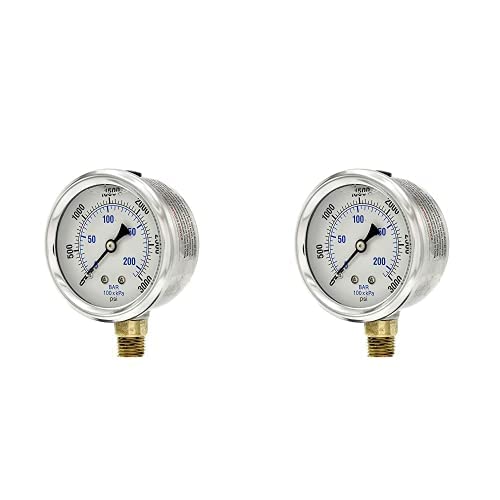 PIC Gauges PRO-201L-254P 0-3000 PSI Pressure Gauge, 2 1/2" Dial, 1/4" Male NPT Connection,Bottom Mount,Dual Scale,Glycerin Filled,Stainless Steel Case/Bezel, Brass Internals & Plastic Lens(Pack of 2)