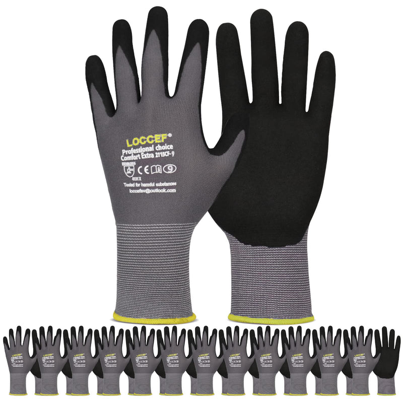 LOCCEF Work Gloves MicroFoam Nitrile Coated-6 Pairs,Seamless Knit Nylon Gloves,Gray Work gloves 9/L Grey 12-pairs