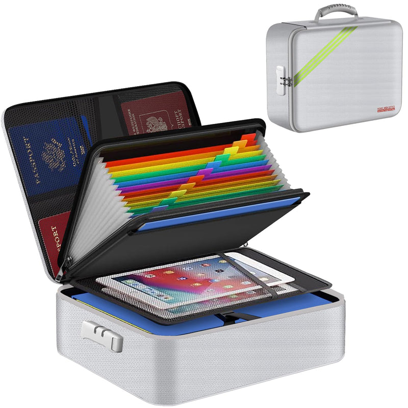 38 * 28 * 10cm Fireproof Document Bag Money Bag Home Office Travel Safe Storage Pouch with Zipper for A4 Document Cash Money Valuables Jewelry Passport Currency Keys Tablet (Silver) Silver