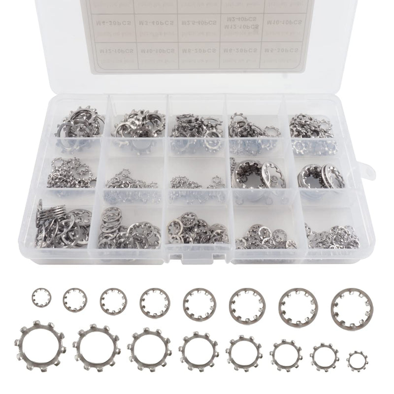 400 Pcs External Internal Tooth Star Lock Washers Assortment Kit, 304 Stainless Steel External & Internal Serrated Lock Washer Assortment Set-Size Included: M2 M2.5 M3 M4 M5 M6 M8 M10 M12