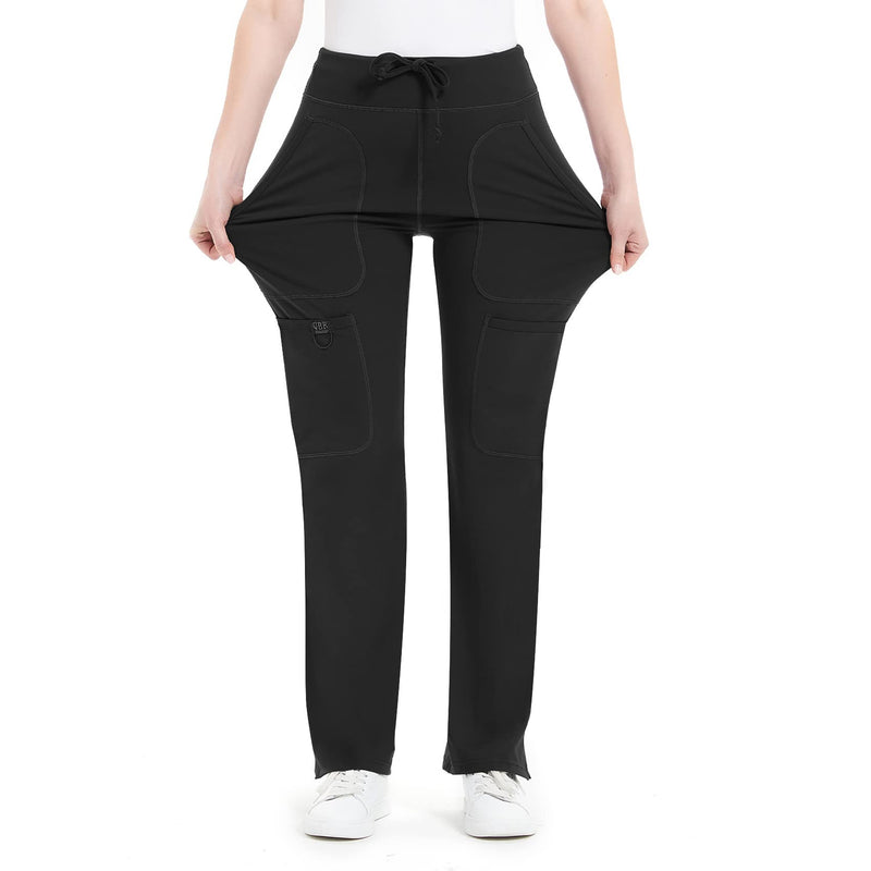 QBK Yoga Scrub Pants Women Mid Rise Yoga Work Pants- Five Pocket Cargo Scrub Pant Regular Medium Black