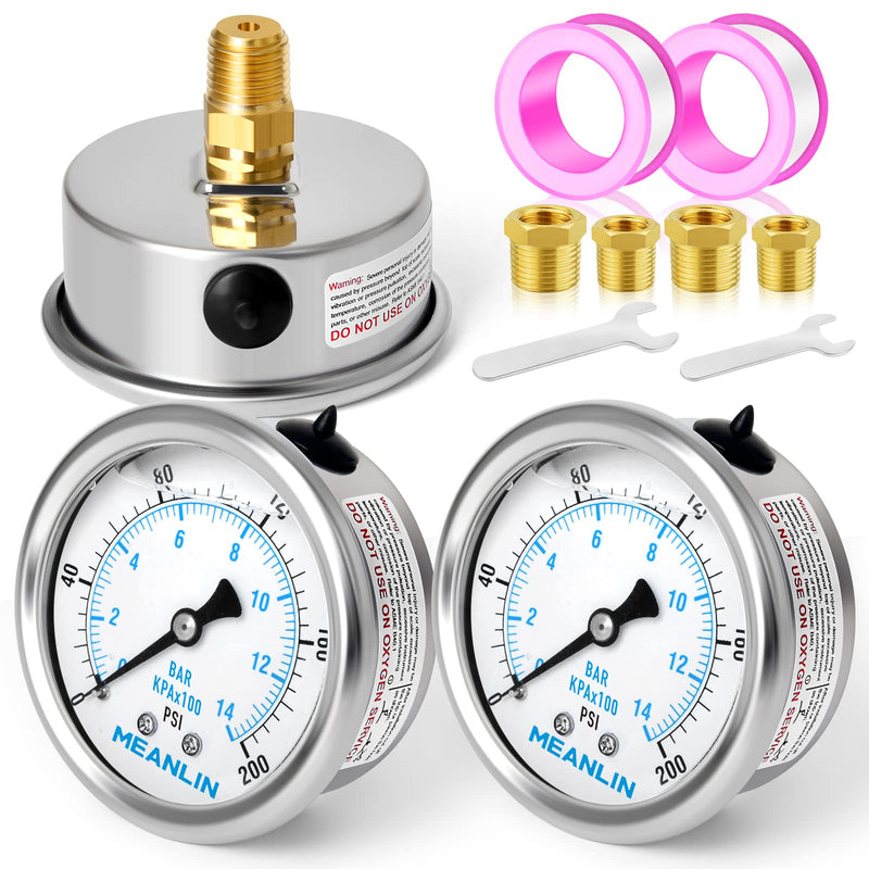MEANLIN MEASURE 0~200Psi Stainless Steel 1/4" NPT 2.5" FACE DIAL Liquid Filled Pressure Gauge WOG Water Oil Air Back Mount (Pack of 2), with 1/2" NPT and 3/8" NPT Hex Bushing 0-200Psi (2Pcs)