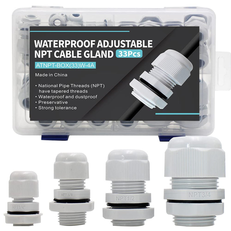 33PCS Cable Gland Waterproof Kit White IP68, Plastic Cable Connectors Black Nylon Adjustable 3-18mm with Locknut and Washer,Electrical Conduit Fitting 1/4” 3/8”1/2”3/4” Strain Relief Cord Grip 33pcs kit box