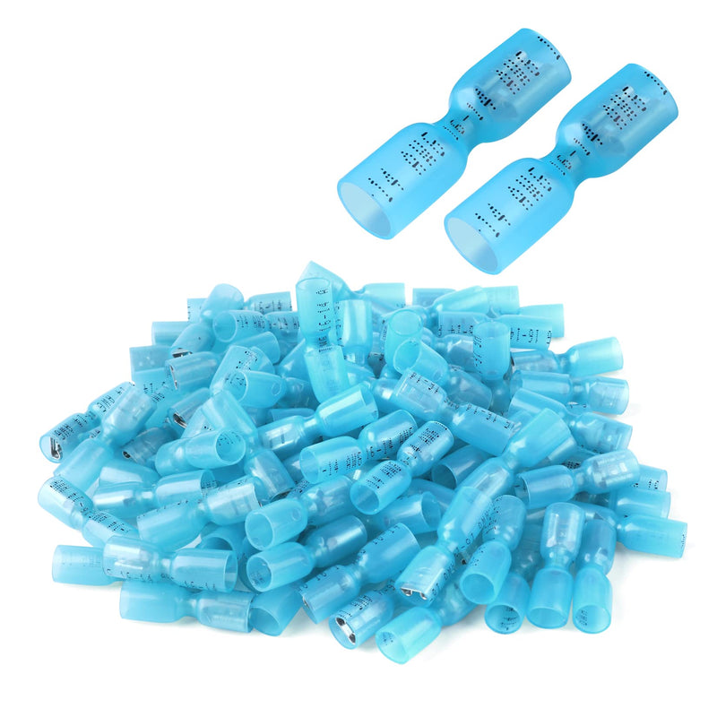 100 PCS 16-14 AWG Waterproof Heat Shrink Quick Disconnect Connectors, Crimp Electrical Wire Female Spade Connectors Insulated Disconnect for Marine Automotive Motorcycle Home Wiring (Blue) [16-14 AWG] Female x 100