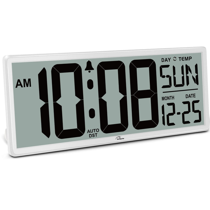 WallarGe 14.5'' Large Digital Wall Clock Battery Operated with Jumbo Numbers, Temperature and Date - Easy to Read and Set, Auto DST White